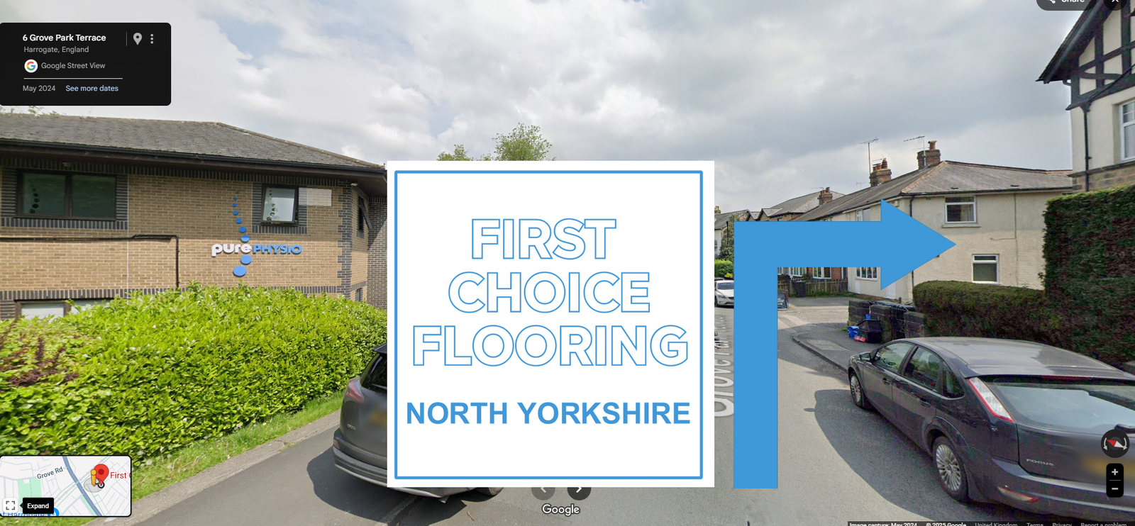 Street view showing a billboard with "First Choice Flooring North Yorkshire" and a blue right arrow. Nearby are buildings and parked cars under a partly cloudy sky.