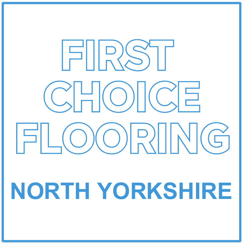 Text logo reading "First Choice Flooring North Yorkshire" in bold blue capital letters, elegantly displayed on a rich green background, highlighting the essence of premium flooring.